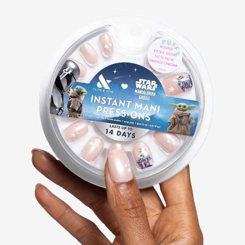 Olive & June Press-On Nails | Star Wars: The Mandalorian & Grogu | 42 Non-Toxic Nails in 21 Sizes | Extra Short Round Nom Nom Orange Chrome, Lasts Up to 14 Days