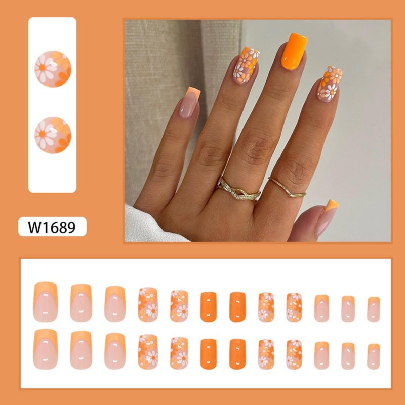 Flower Press on Nails Short Square Fake Nails French Tip False Nails Glossy Full Cover Acrylic Nails Orange Glue on Nails Artificial Stick on Nails for Women Manicure 24 Pcs