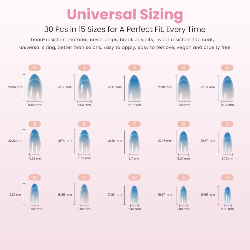 Nail Reformation Press On Nails, Ombre Blue Velvet Shimmer Medium Almond Fake Nails in Glitter French Tip, Salon Quality, Reusable Stick On Nails in 15 Sizes - 30 Nail Kit with Glue, Gifts for Women