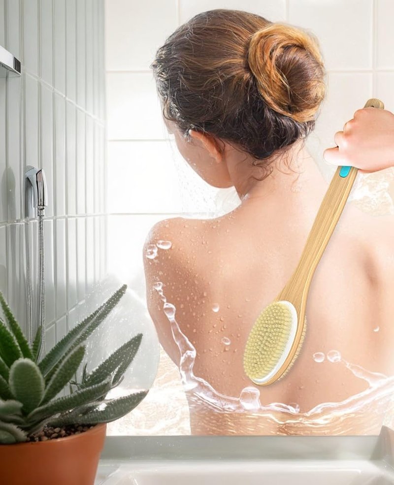 ManLinKei Back Scrubber for Shower, Long Handle Dual-Sided Shower Brush with Soft and Stiff Bristles, Body Exfoliator