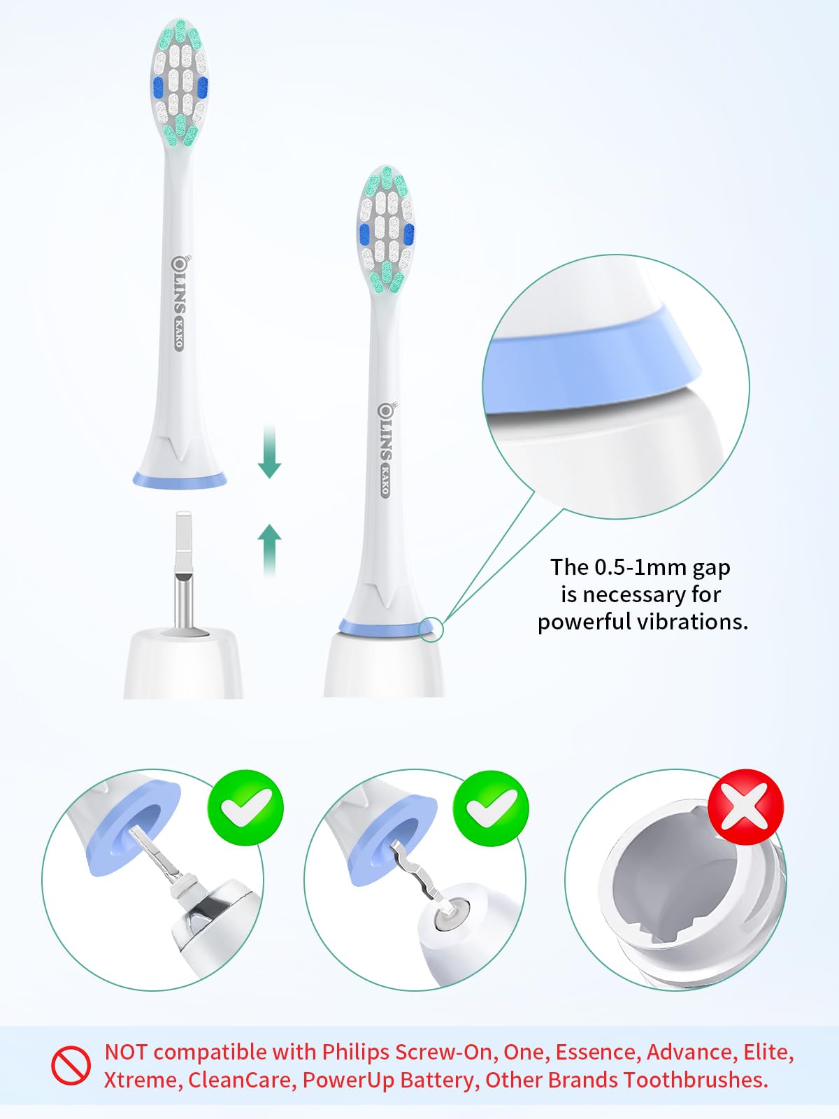 OLINS KAKO Replacement Brush Heads for Philips Sonicare Toothbrush Handles Toothbrush Heads for Sonicare (Pack of 8)