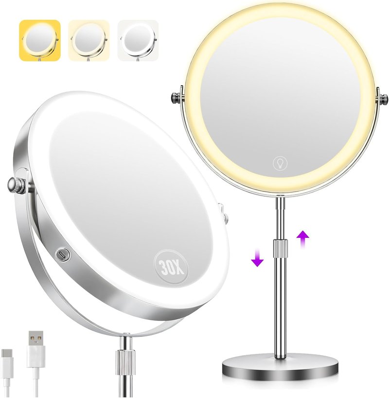 Makeup Mirror with Lights - 1X/30X Double-Sided Magnifying Mirror, Brightness Adjustable, 360° Rotation | Ideal Gift for Women
