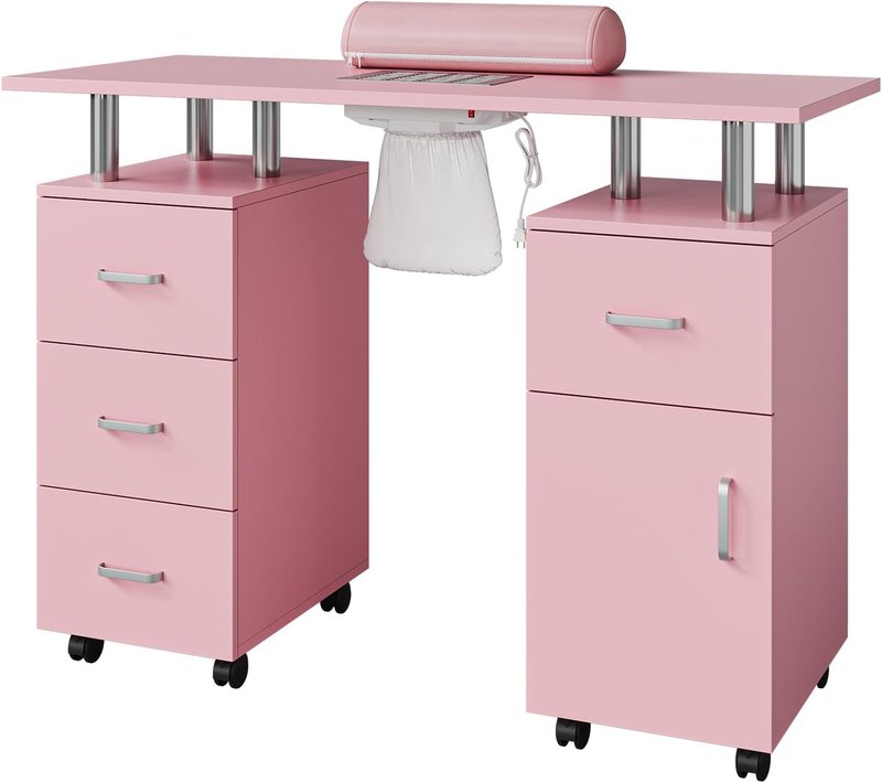 Manicure Table with Storage Cabinets and Drawers, Nail Desk for Nail Tech with Lockable Wheels, Dust Collector Acetone Resistant, Arm Rest for Makeup Spa Beauty Salon Station