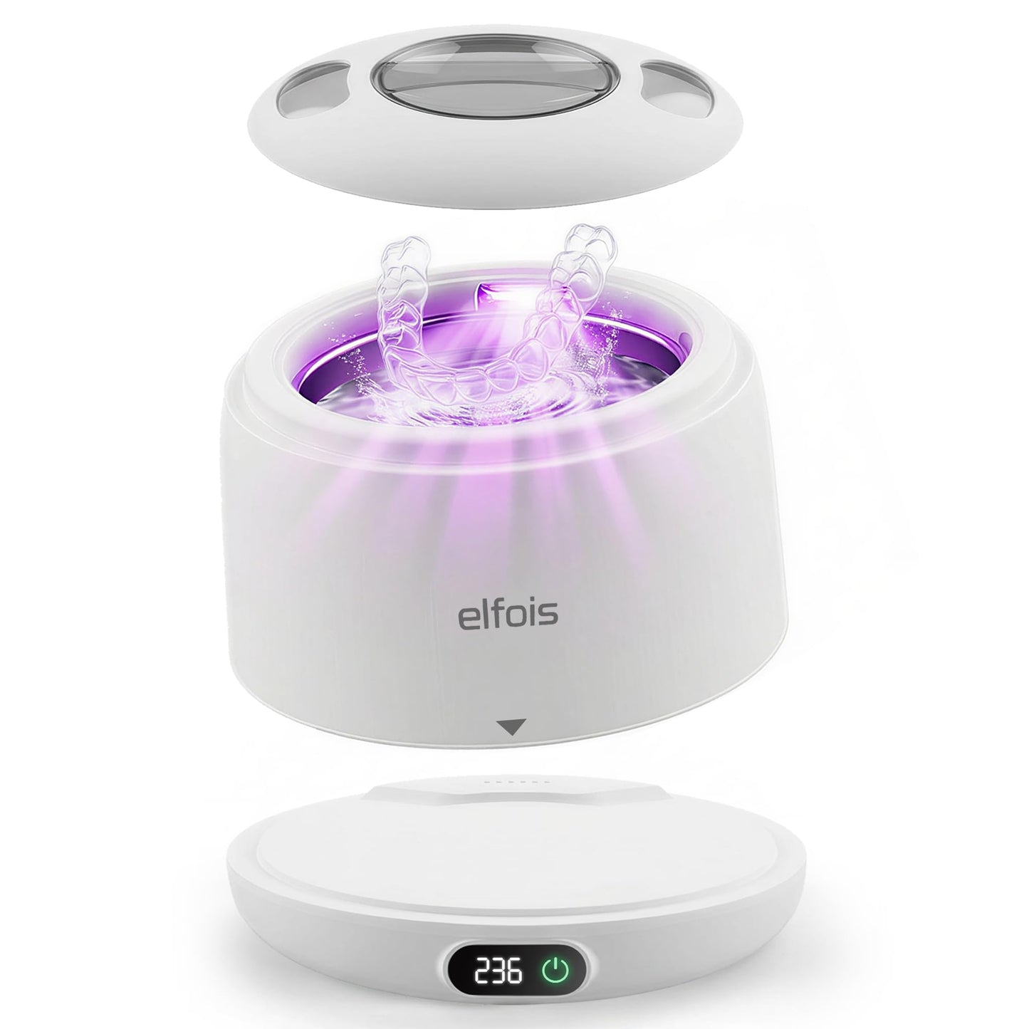 ELFOIS Premium Ultrasonic Retainer Cleaner Machine with UV — 45kHz Durable Dental Pod, 4 Cleaning Modes, Detachable Design for Invisalign, Aligners, Night Guards, Mouth Guards and Dentures