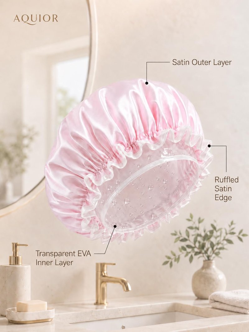 Aquior Shower Cap for Women, Waterproof Reusable Hair Cap with Soft Elastic, Large Size for Long Hair, Cute Pink Bath Cap for Shower, Skincare, Cooking, Spa and Travel Use