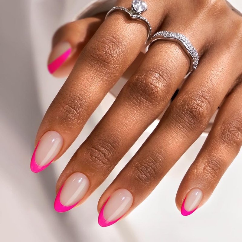 BTArtbox French Tip Press On Nails - Hot Pink Almond Shape | 32 Soft Gel Fake Nails Kit in 16 Sizes
