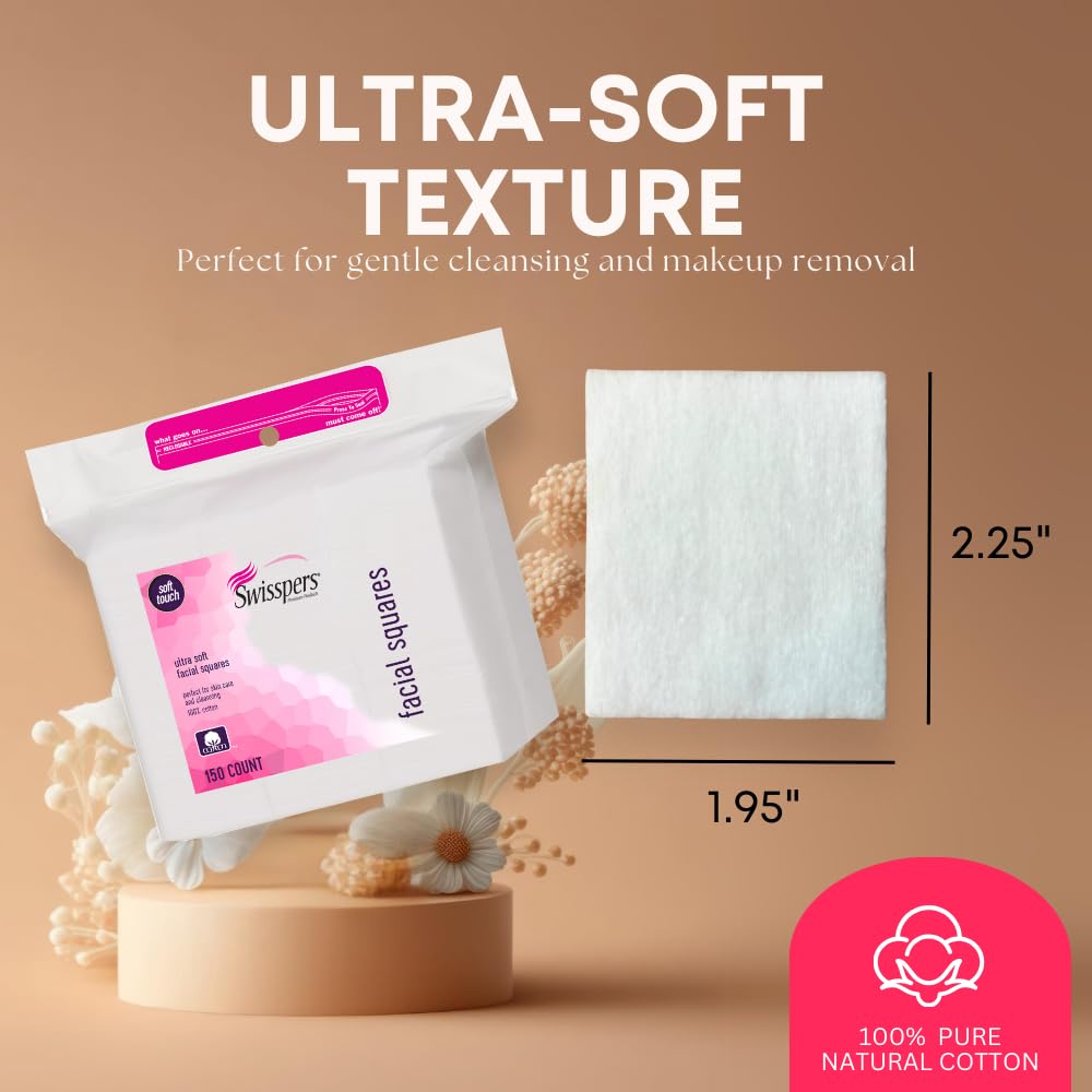 Swisspers Premium Ultra Soft Cleansing Cotton Pads – 150 Count (Pack of 3) – Luxuriously Soft Pads for Gentle Skincare and Makeup Removal – 100% Cotton