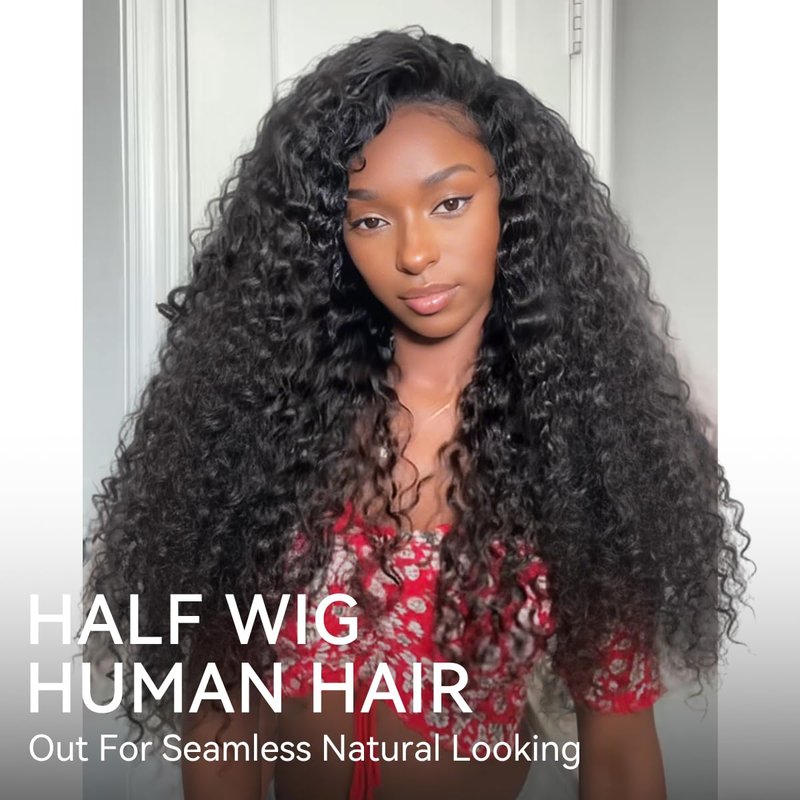 Half Wig Human Hair - Beach Curly 3-in-1 Drawstring Seamless | Glueless Wear & Go for Black Women - 26 Inch