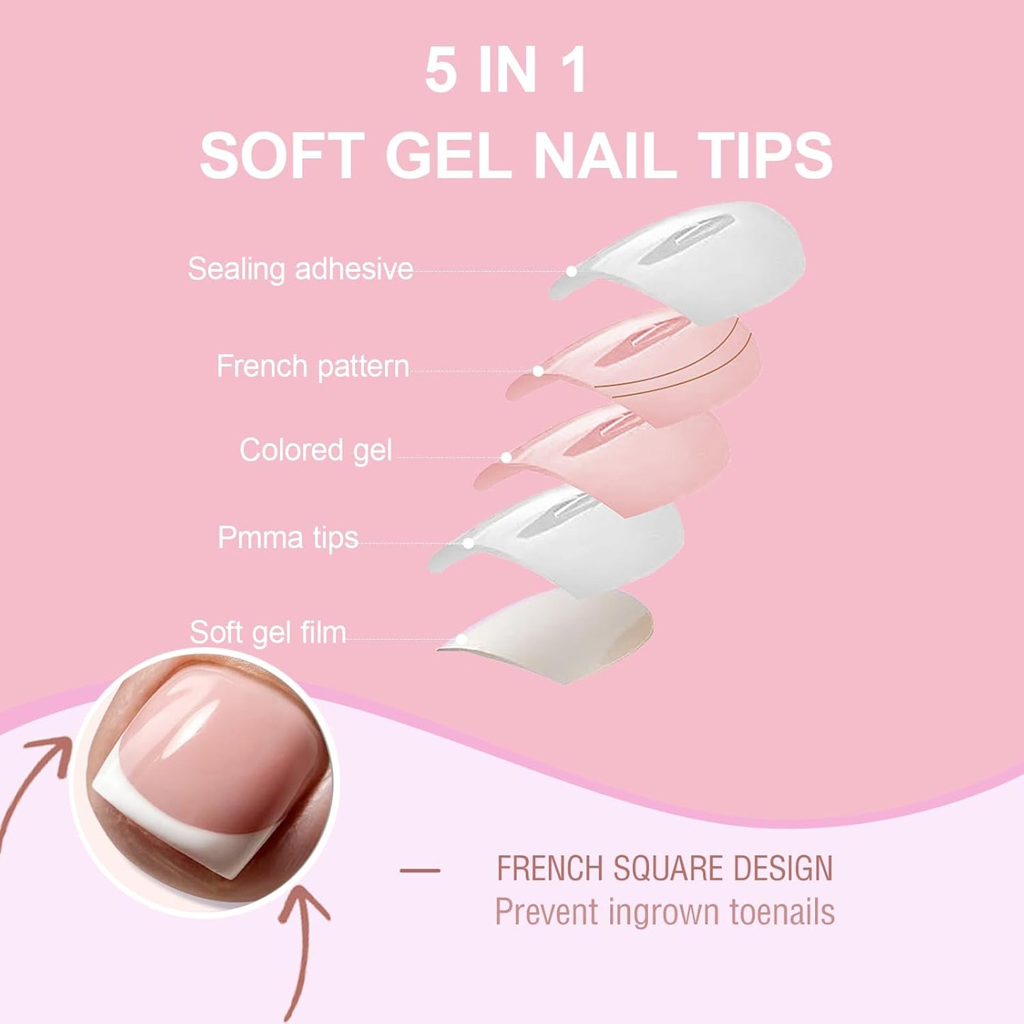 Toe Press On Nails - French Tips Soft Gel Full Cover Acrylic | 150pcs Berry Pink, 15 Sizes