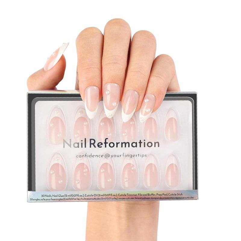 Nail Reformation Press On Nails - Sugar-Coated Pink Medium Almond French Tips with 3D Pearls | Reusable 30-Piece False Nail Kit for Women