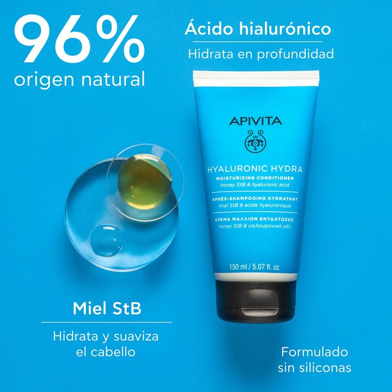 Apivita HYALURONIC HYDRA Hair Conditioner, Natural Deep Conditioning Treatment With Hyaluronic Acid, and Honey StB, Offers Deep Hair Moisturization, Frizz Control & Split Ends Prevention