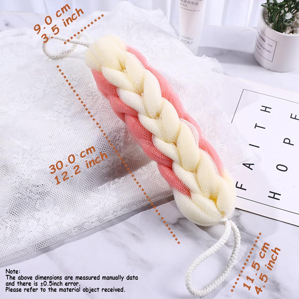 AARAINBOW 2 Packs Upgraded Long Stretch Back Sponge with Rope Handles Back Scrubber Bath Shower Mesh Sponge Exfoliating Body Scrub Stretch Braided Loofah for Men Women Braided Mesh Shower (Gray+Pink)