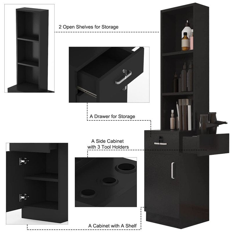 Paddie Hair Salon Stations - Lockable Wall-Mount Barber Stations with Drawer & Storage Cabinet | Black