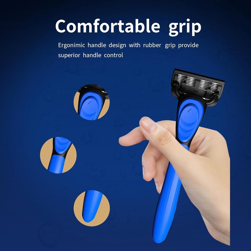 6-Blade Razor for Men & Women | Plastic Anti-Slip Handle with 8 Refill Cartridges - Black