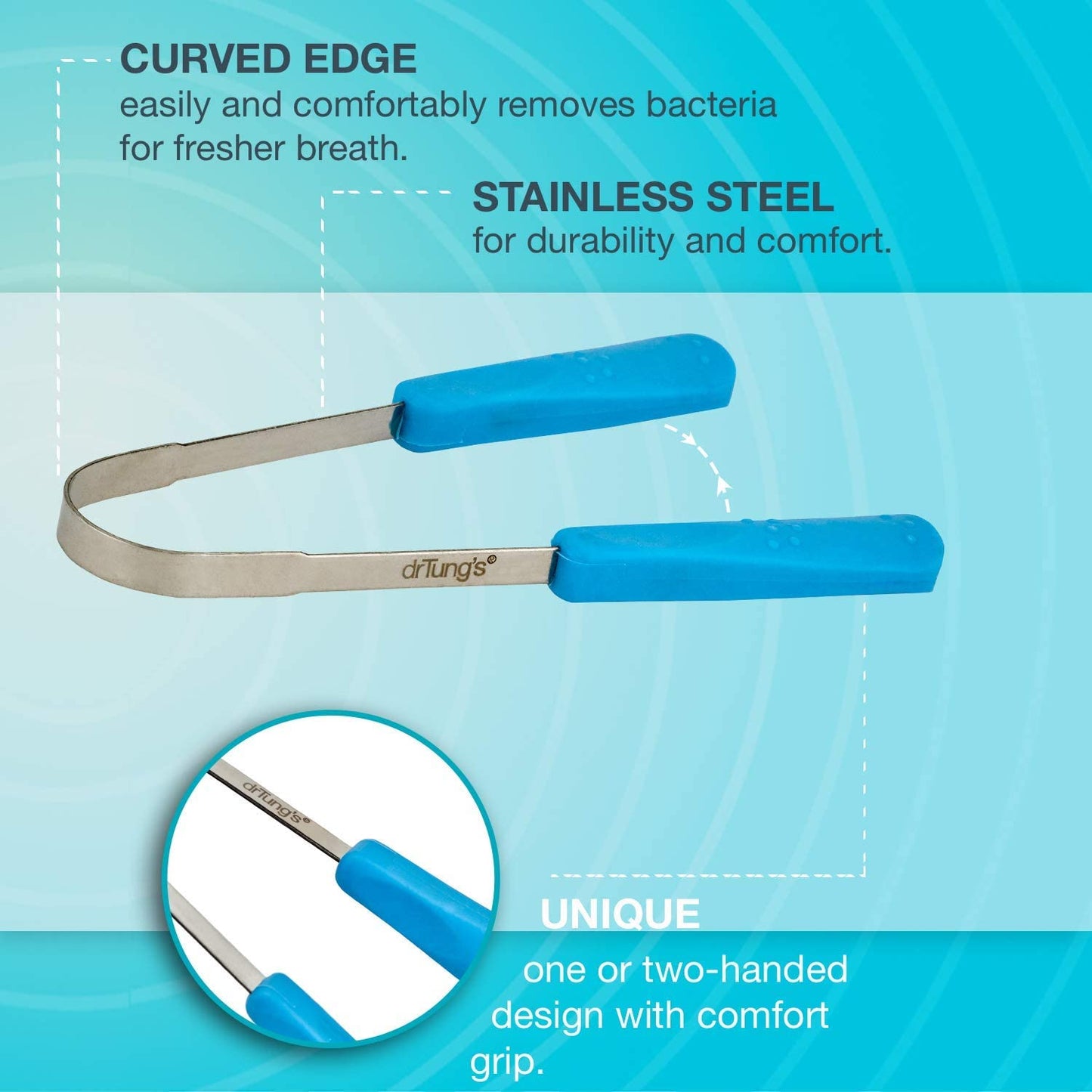 drTung's Stainless Steel Tongue Scraper for Adults & Kids - Metal Tongue Scraper & Cleaner, Freshens Breath, Oral Hygiene Care, Easy-to-Use Comfort Grip Handle, Comes with Travel Case - 1 Pack