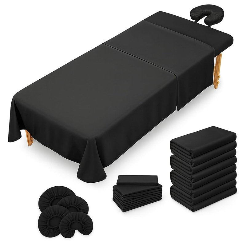 Massage Table Sheets Set - 3-Piece Microfiber Spa Bed Cover | Soft, Wrinkle & Oil Resistant - Black