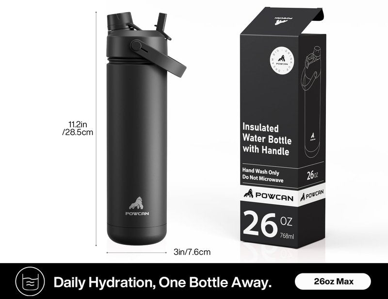 POWCAN 26 oz Insulated Water Bottle with 2-in-1 Straw and Spout Lid, Keep Cold 24H, Leak-Proof, Fits in Car Cup Holder, Stainless Steel Water Bottle for Sports, Travel, and School (Dark Knight)
