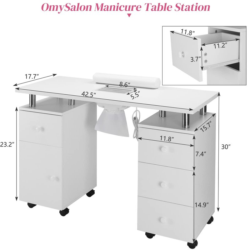 OmySalon Manicure Table Nail Desk for Nail Tech, Nail Table Beauty Salon Station w/Electric Dust Collector Acetone Resistant w/Lockable Wheel,Arm Rest