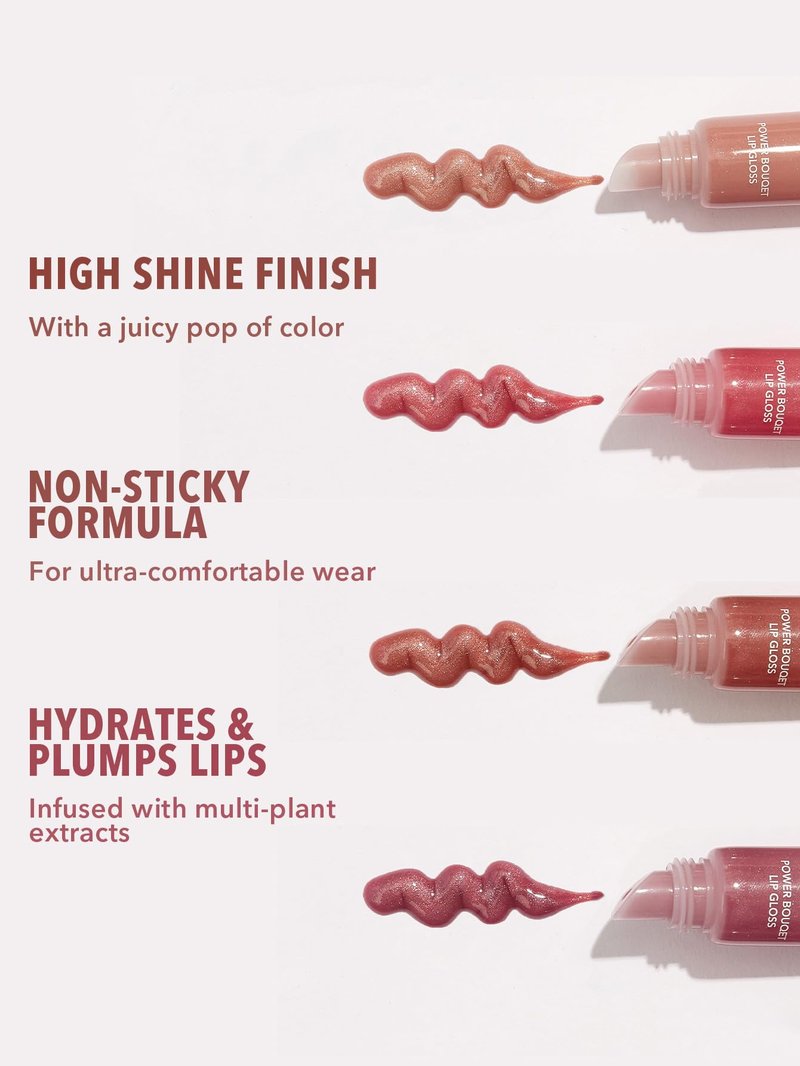SHEGLAM Power Bouquet Lip Gloss Shiny Tinted Moisturizing Plumping Non-Sticky Lip Oil Repairing Camelia Extract Lip Care-Tan-Tilizing