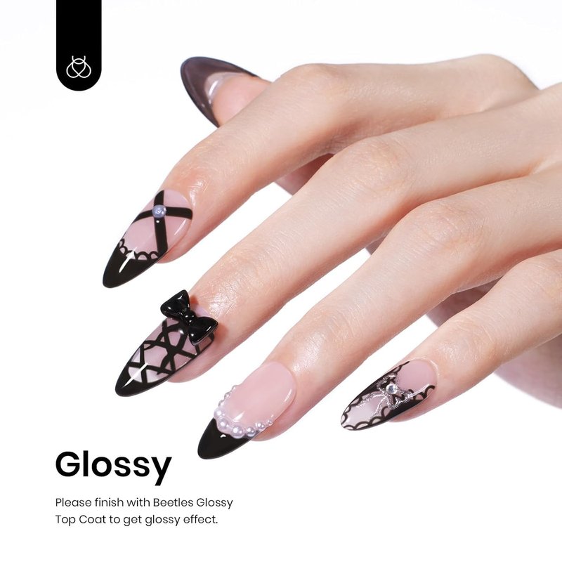 Beetles 3 Pcs No Wipe Gel Top Coat Base Coat & Black Gel Nail Polish Set, Shine Finish and Long Lasting, Soak Off LED Lamp Base Top Uv Lamp Nail Art Manicure Gifts for Women