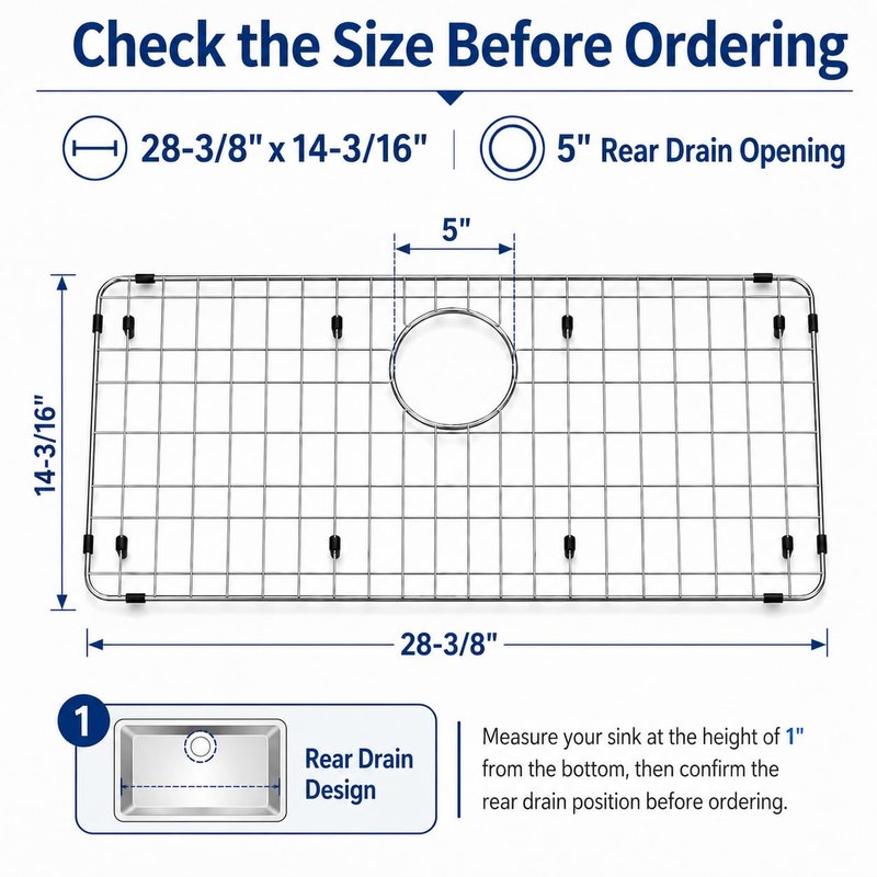 iPEGTOP Sink Protector Grid 28-3/8" x 14-3/16", Stainless Steel Sink Bottom Grid Rear Drain with Corner Radius 3/8", Sink Grate with Hole Cover for Kitchen Sink Single Sink Bowl, One-Piece