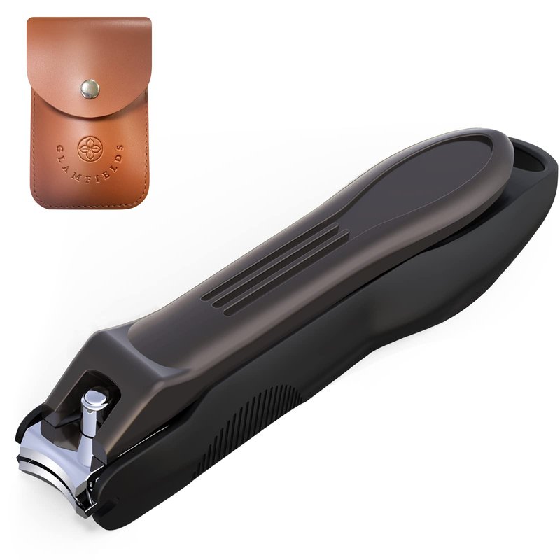 GLAMFIELDS Nail Clippers with No Splash Storage Box, Large Fingernail Toenail Clipper Detachable Easy Clean Nail Cutter Trimmer with Nail Files for Men & Women, Leather Case Packed Black (1 Pack)