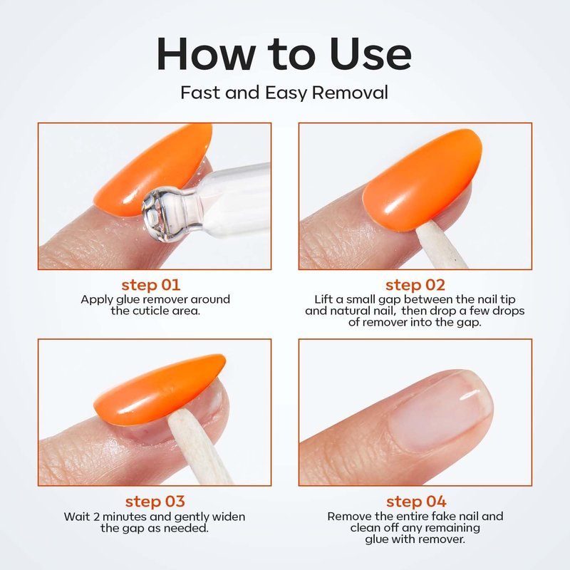 Modelones 50 ML Nail Glue Remover for Base Coat Press On Nails, Upgrade Clear Stick On Nails Remover for Acrylic Tips, Nail Polish Remover with Wood Stick