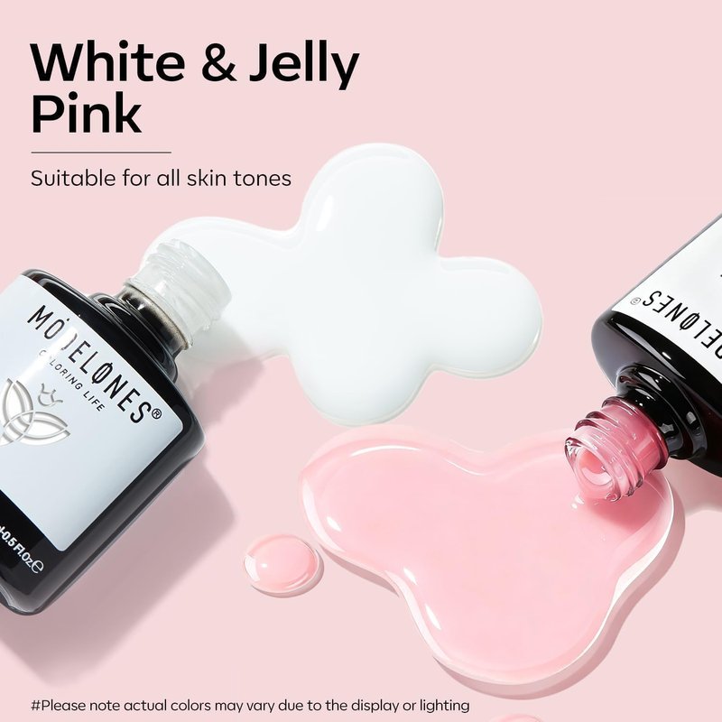 modelones French Manicure Tip Gel Polish Set, 2Pcs 15ML White Jelly Pink Gel Nail Polish Kit Light Pink Milky White French Tip Nail Base Colors Soak Off LED DIY at Home Salon for Women