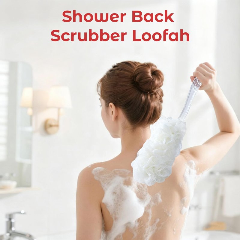 GTFL.RTPOP Shower Back Scrubber Loofah on Stick - Premium Exfoliating Bath Sponge for Gentle Skin Smoothing, Beige White