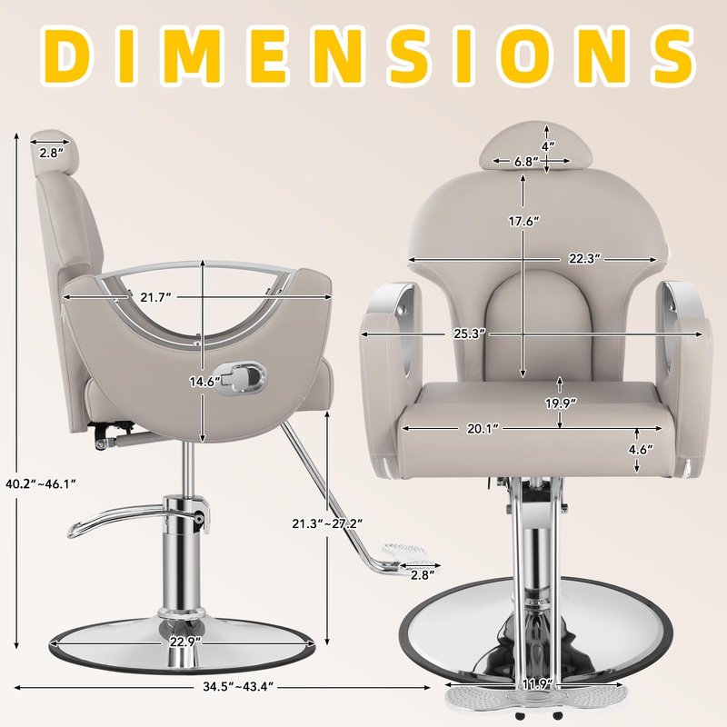 Reclining Salon Barber Chair - Heavy Duty Hydraulic Pump | 360° Swivel Styling Chair in Light Gray Silver