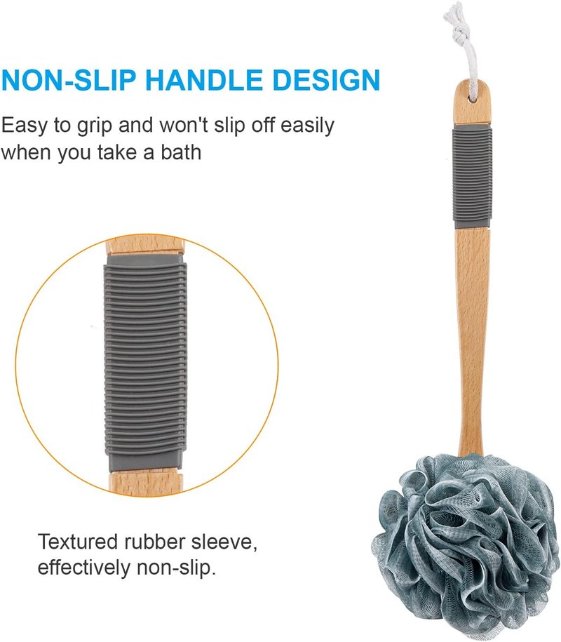 AmazerBath Shower Sponge - Soft Mesh Loofah Back Scrubber with Long Wooden Handle | Gray Body Scrubber for Men & Women