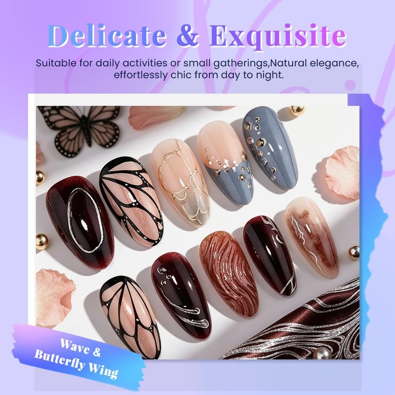 Skiennix 3D Butterfly Wings Press-On Nails - Blue & Brown Almond Shape | Reusable Acrylic with Adhesive Tabs