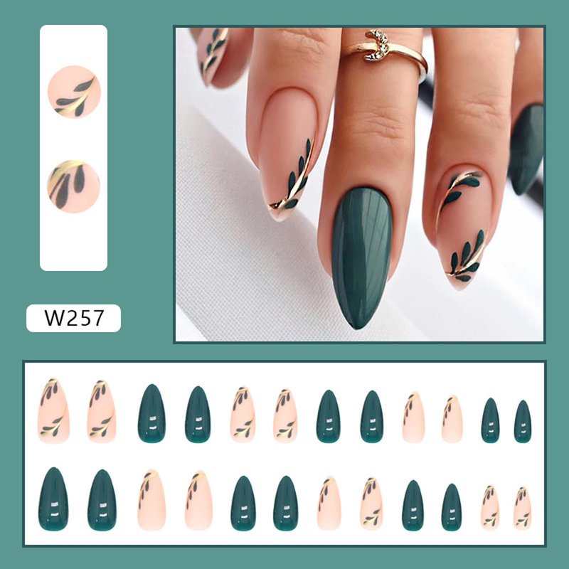 Almond Press on Nails Leaf Design Green Fake Nails Full Cover Glossy Glue on Nails for Women Manicure 24PCS