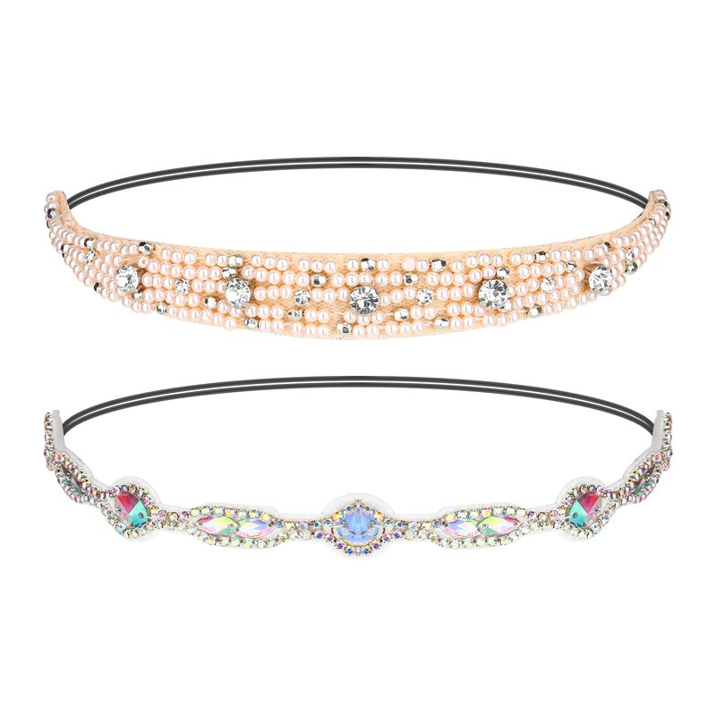 Amariver 2 Pieces Rhinestone Beaded Elastic Headband，Fashion Headbands Handmade Hair Bands Hair Accessories for Lady Woman 20-25" Fits for Most (Style D)
