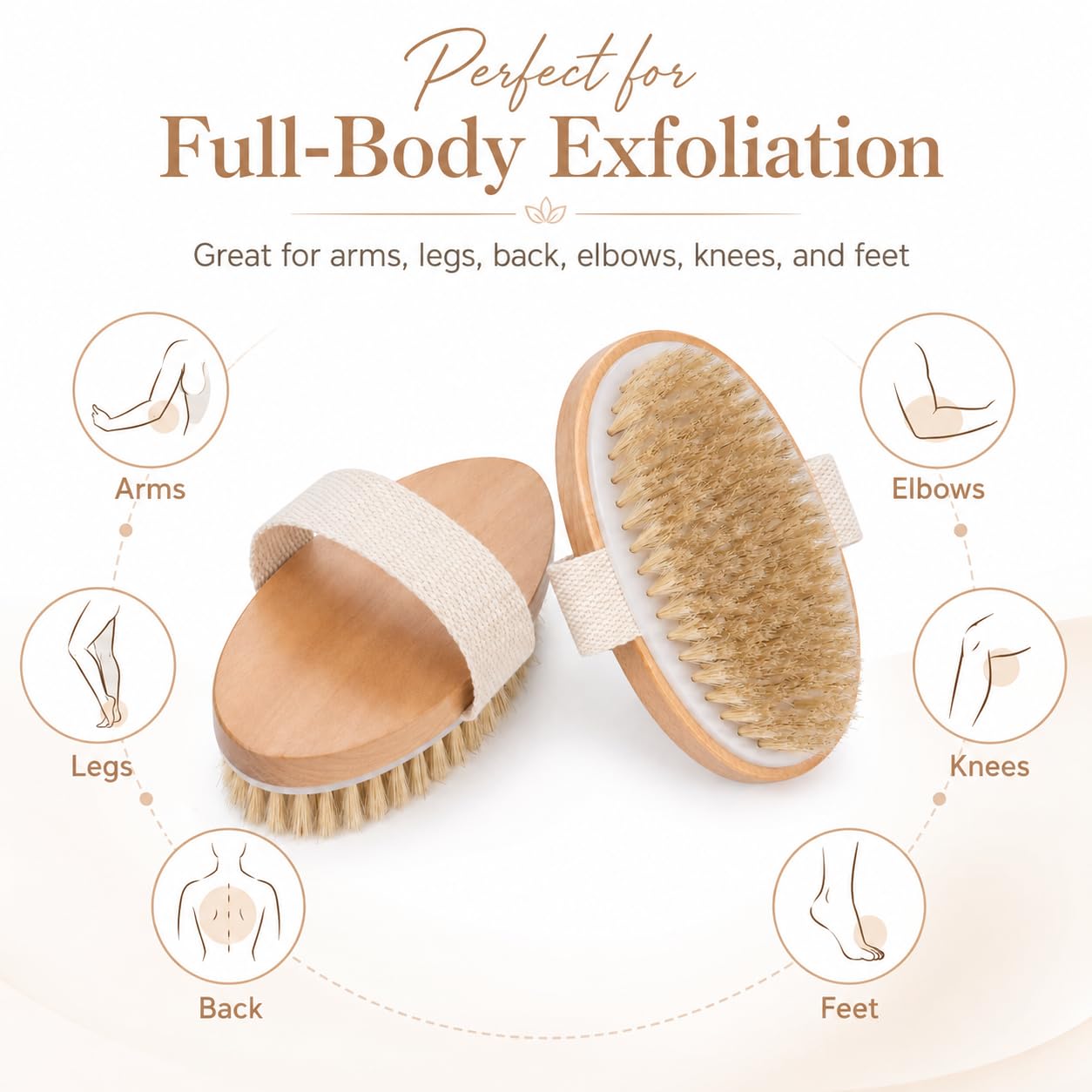 OPAZ Dry Body Brush 2 Pack, Natural Boar Bristle Exfoliating Body Brush for Dry Brushing, Handheld Shower Brush Scrubber with Wooden Handle & Cotton Strap, Skin Exfoliator Brush for Women and Men