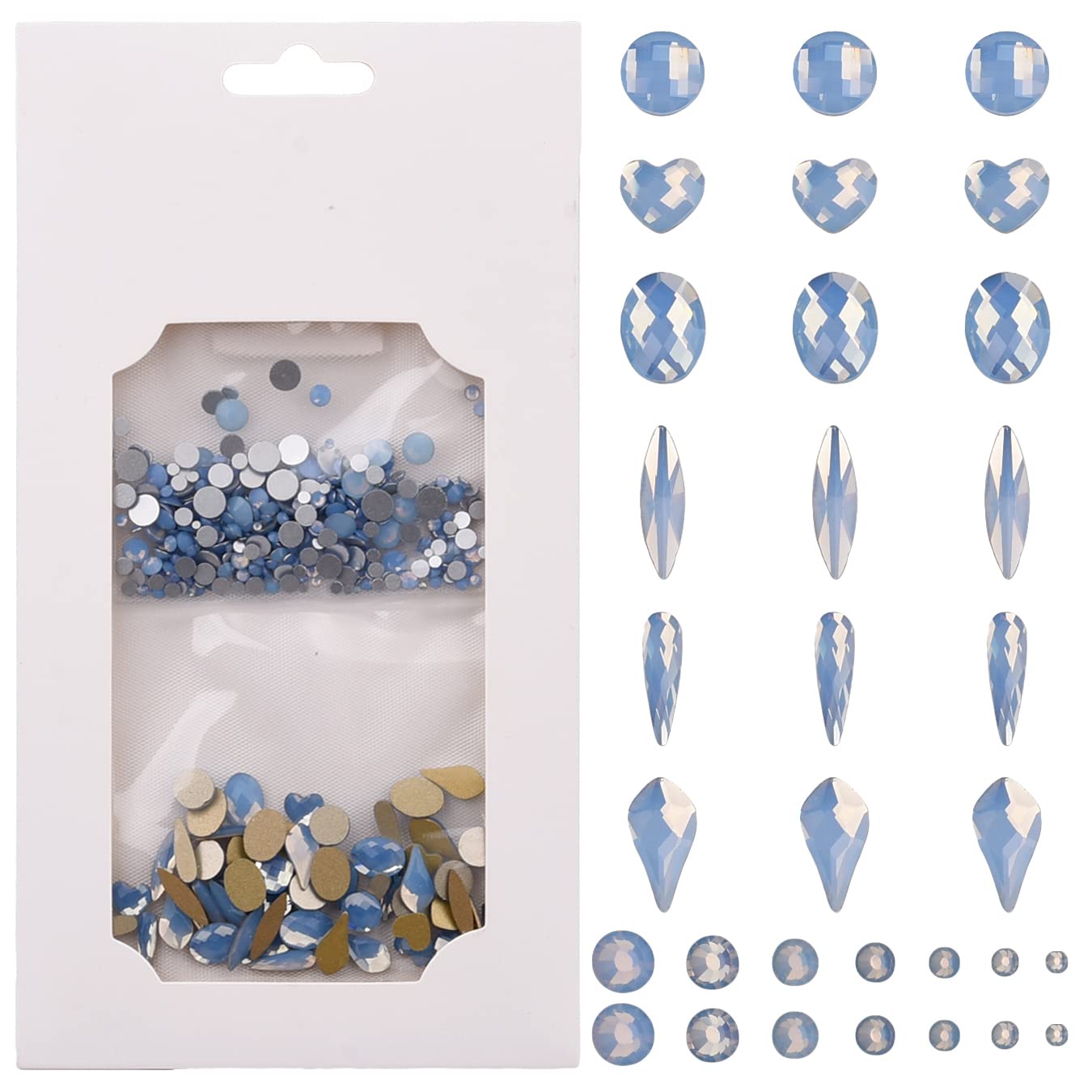 Tisslan 60pcs 6 Different Shapes Flatback Blue Opal Nail Rhinestones 480pcs Round 3D Diamond Gems Bulk Pack for Nail Design Jewels Decoration