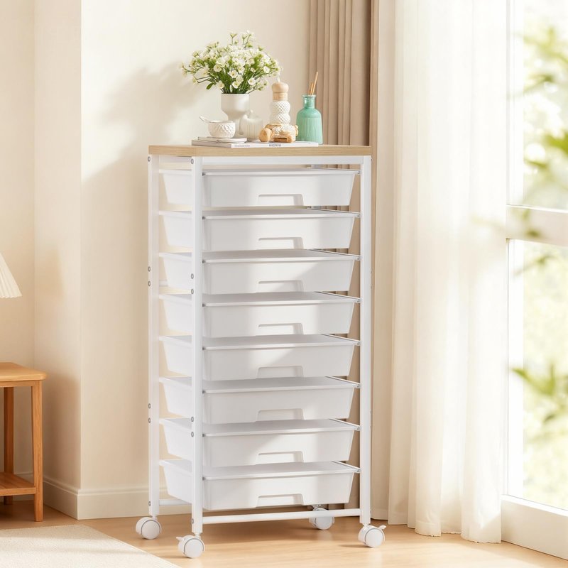 Rolling Cart with 8 Drawers, Plastic Drawer Storage Carts with Wheels & Wooden Tabletop, Metal Utility Cart Organizer for Bedroom Living Room Office Classroom Craft Organization and Storage, White