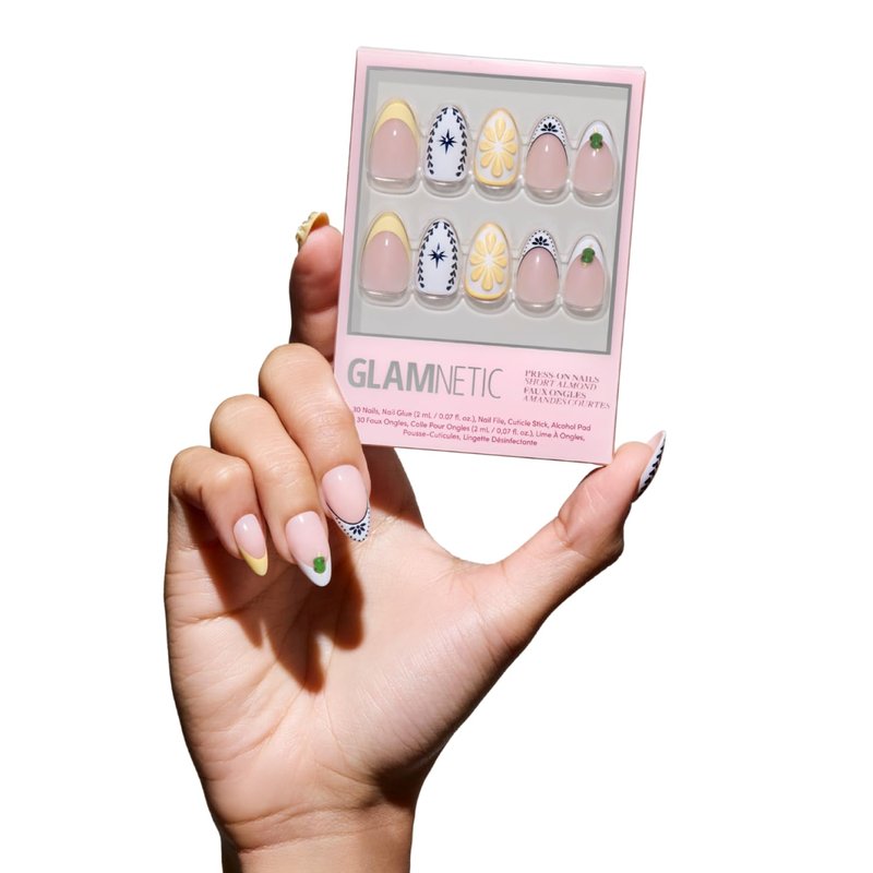 Glamnetic Press On Nails - Short Almond Fake Nails with Tropical 3D Nail Art | Salon Quality Vacation Nails | Sunset Tide |15 Sizes - 30 Nail Kit with Glue