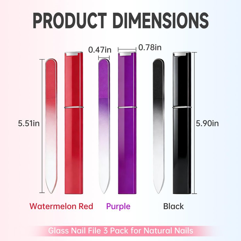 Czech Glass Nail File,3PCS Glass Nail File Set for Natural Nails,Double Sided Glass Files for Nails with Cases,Professional Manicure Nail Care for Women (Purple+Black+Red)