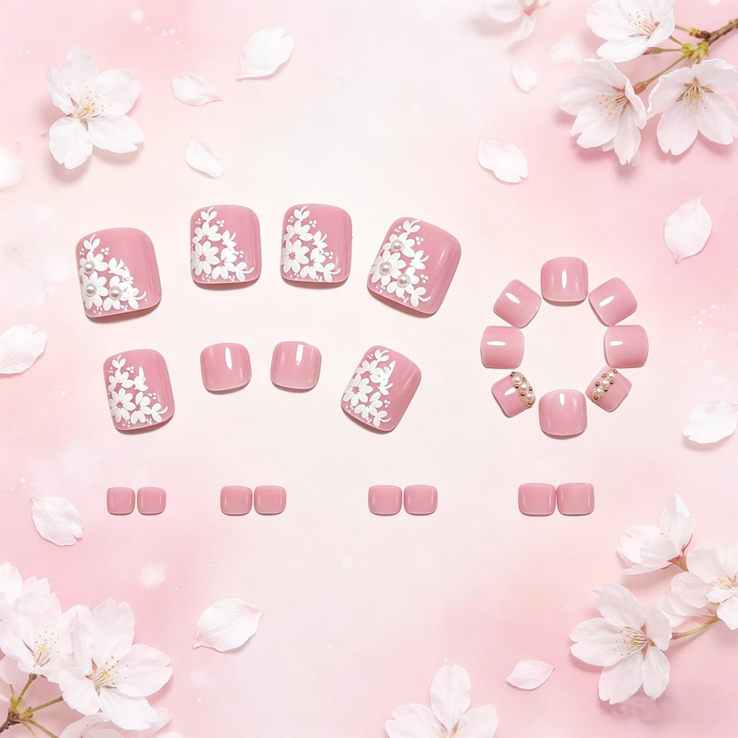White Floral Press on Toenails Short Square Fake Toe Nails with 3D Flowers Designs Glossy Pink Toenail Press ons Acrylic Toe Nail Tips Reusable Stick on Toenails for Women Manicure 24Pcs