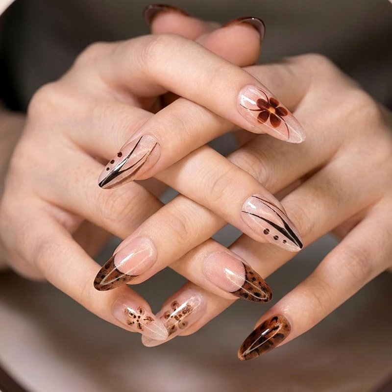 NXYCHIC 24Pcs Almond Press on Nails - Rose Gold Mirror Chrome & Leopard Print Fake Nails, Glossy Metallic French Tip Glue on Nails Kit with Jelly Glue, File & Wood Stick