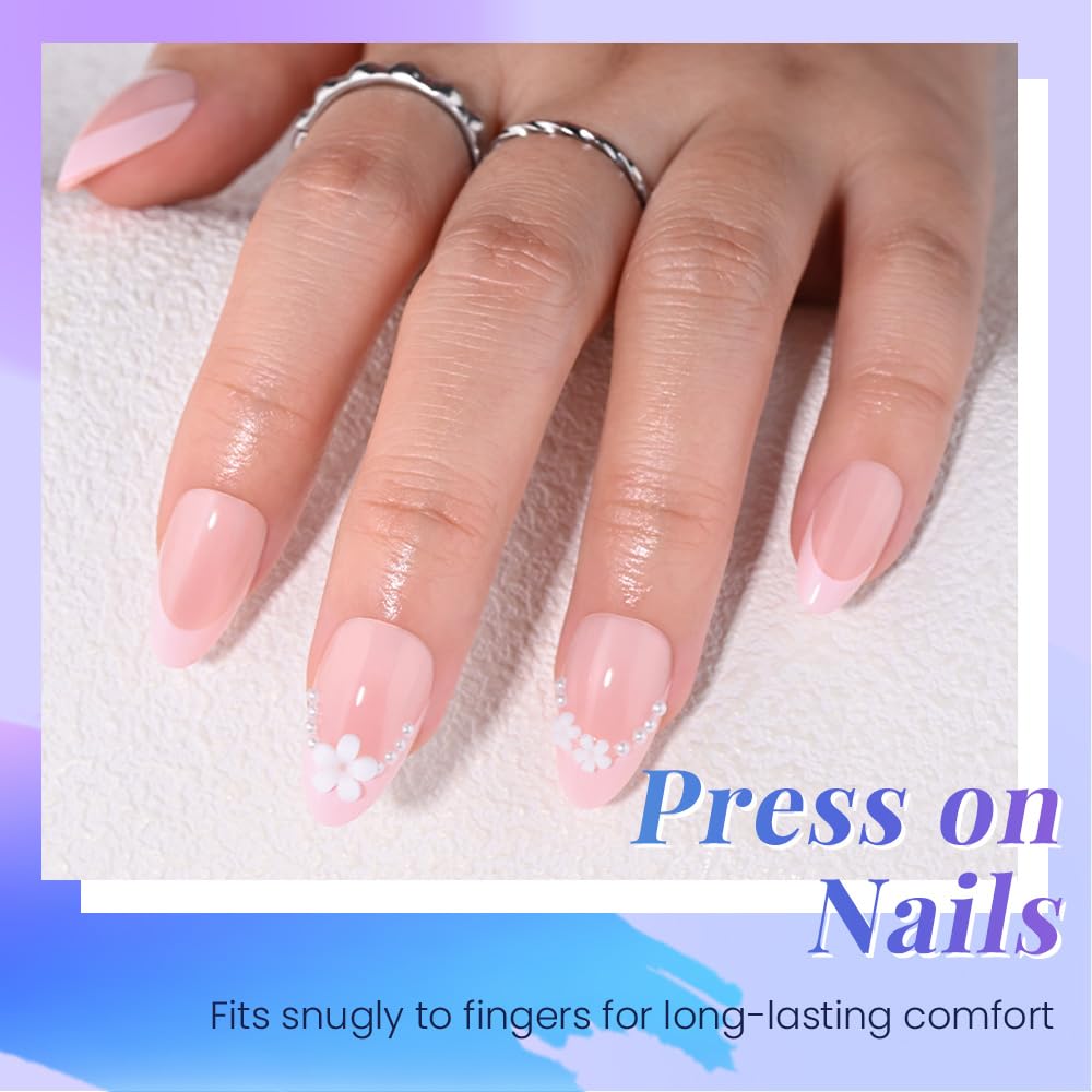 XZMeiLun Summer Pink French Tip Press On Nails, Short Almond Shape with 3D Pearl & White Flower Design, Reusable Salon-Quality Acrylic Fake Nails, Stick-On Nails for Women & Girls (No Glue Included)