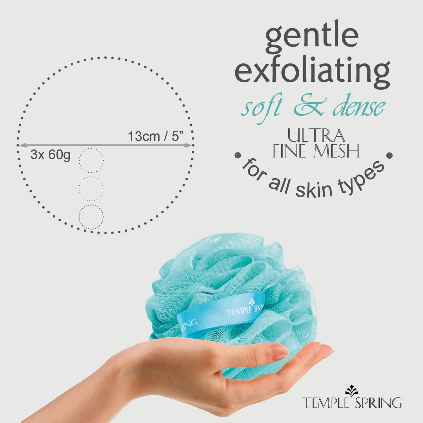 Temple Spring Soft Mesh Shower Loofah Sponge 3-Pack (60g Each) — Gentle Exfoliating Body Scrubber for Rich Lather & Smooth Skin, Bath Sponge for Women & Men, 100% Recycled Materials with Suction Hook