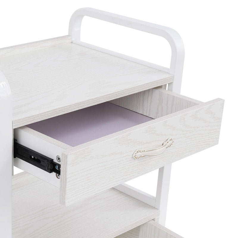 Beauty Salon Utility Trolley Cart for Hair Stylist, Wooden Rolling Storage Cabinet on Wheels, 2-Tier Rolling Medical Stations Cart with Drawers Movable Beauty Organizer (White)