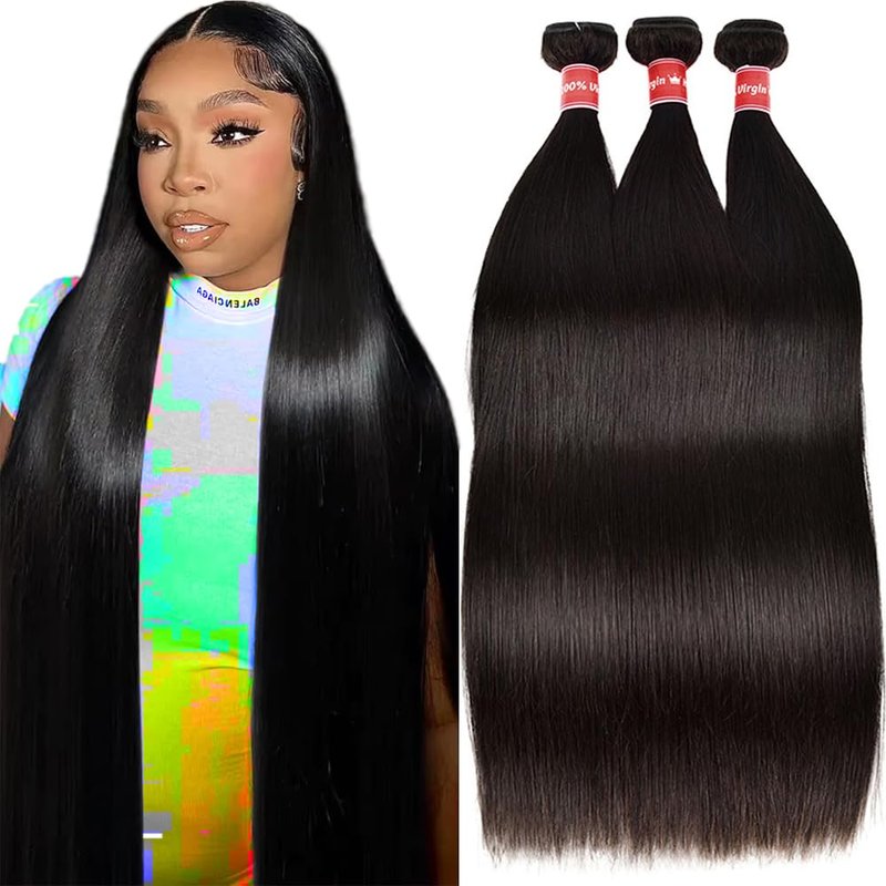 Oshiney Human Hair Bundles Straight 26-30 Inch 100% Unprocessed Brazilian Virgin Hair Weave 3 Bundles Silky Black Hair for Black Women