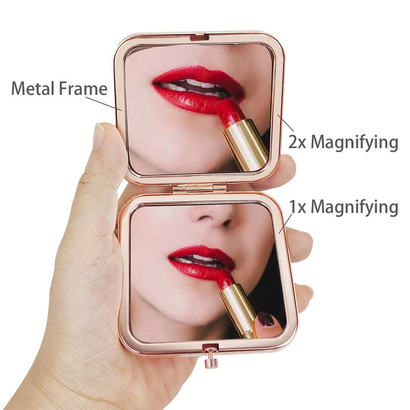 PDOZV Small Compact Mirror, Rosegold Square 2.8”×2.8” Metal Frame Smooth Style Double Sided Mini Magnifying 1X/2X Mirror for Purse Can be Used as Gifts for Woman (RG02)