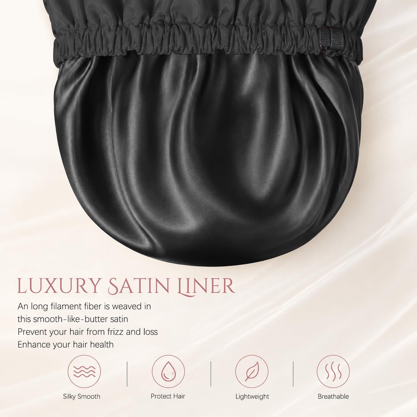 Shower Cap for Men, Reusable Waterproof Bath Cap with Soft Elastic Band, Double Layer Large Satin Lined Shower Hat for Curly Braids Long Hair, Washable Non-Slip Hair Cap(Black)