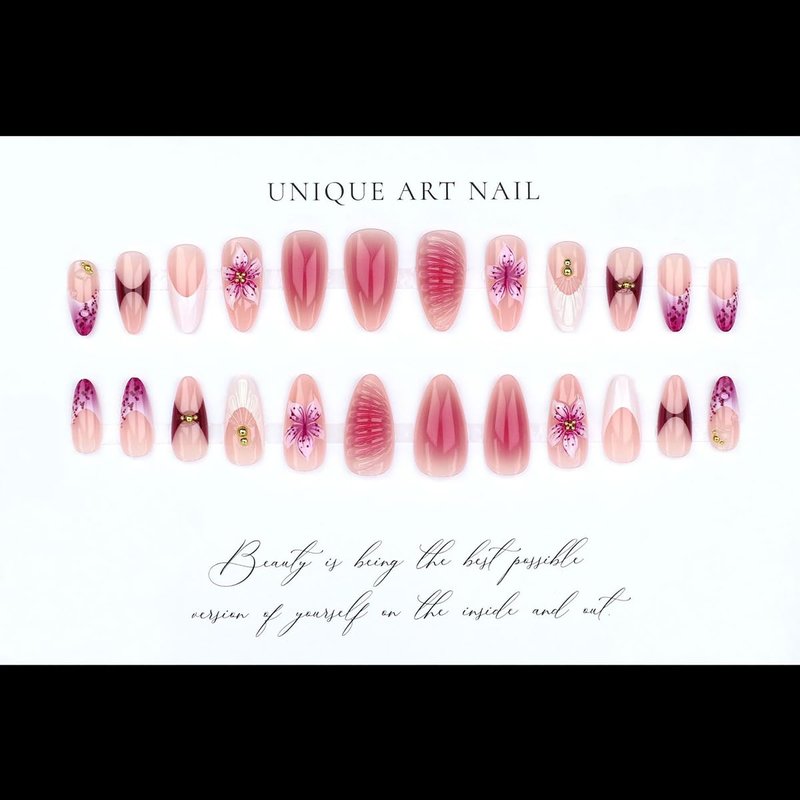 Almond Press-On Nails - Medium White French Tip with 3D Purple Flowers | Full Cover Acrylic Nail Art Kit - 24 Pcs