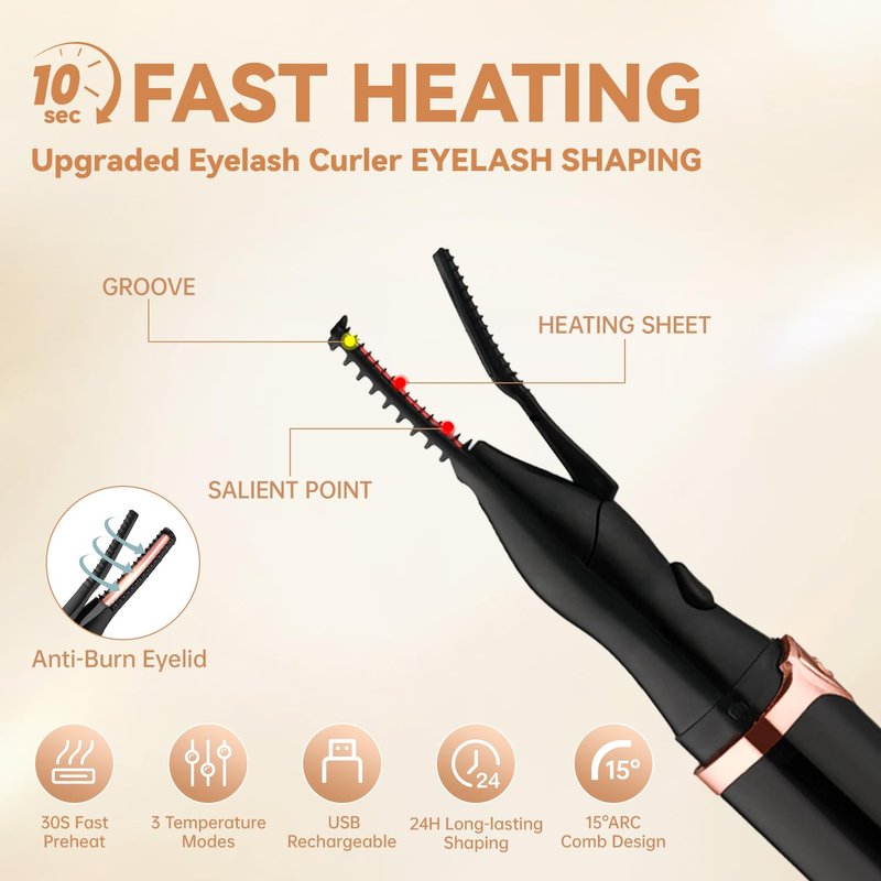 2026 Upgraded Heated Eyelash Curler - 2-in-1 Electric Lash Curler - 3 Temperature Modes/8s Quick Heat/USB Rechargeable Mini Electric Eyelash Curler-Natural Curling 24H Long-Lasting Curl