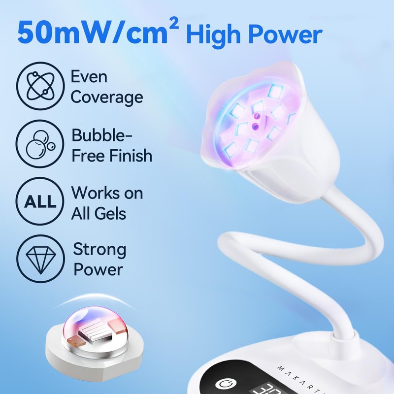 Makartt UV LED Nail Lamp: Portable Cordless 50 mW/cm² Flash Cure Nail Lamp for Gel X & Press-On Nails, Rechargeable USB Gooseneck Nail Dryer with Auto Sensor & 4 Timers for Gel Polish Travel Manicure